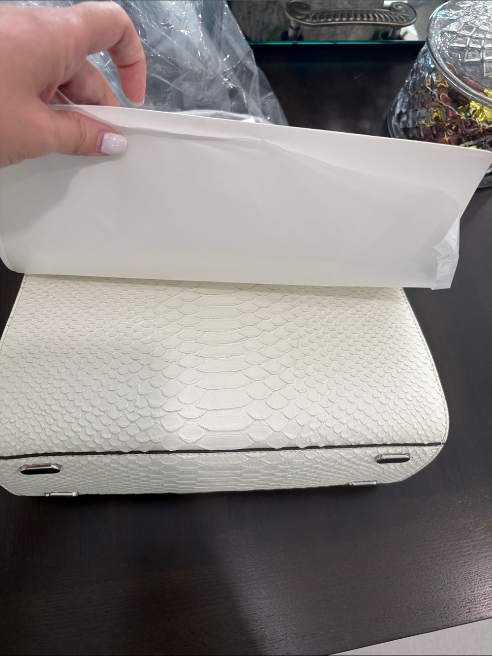 NWT Tory Burch White Lee Radziwill Python-Embossed Satchel Discontinued - Picture 3 of 7